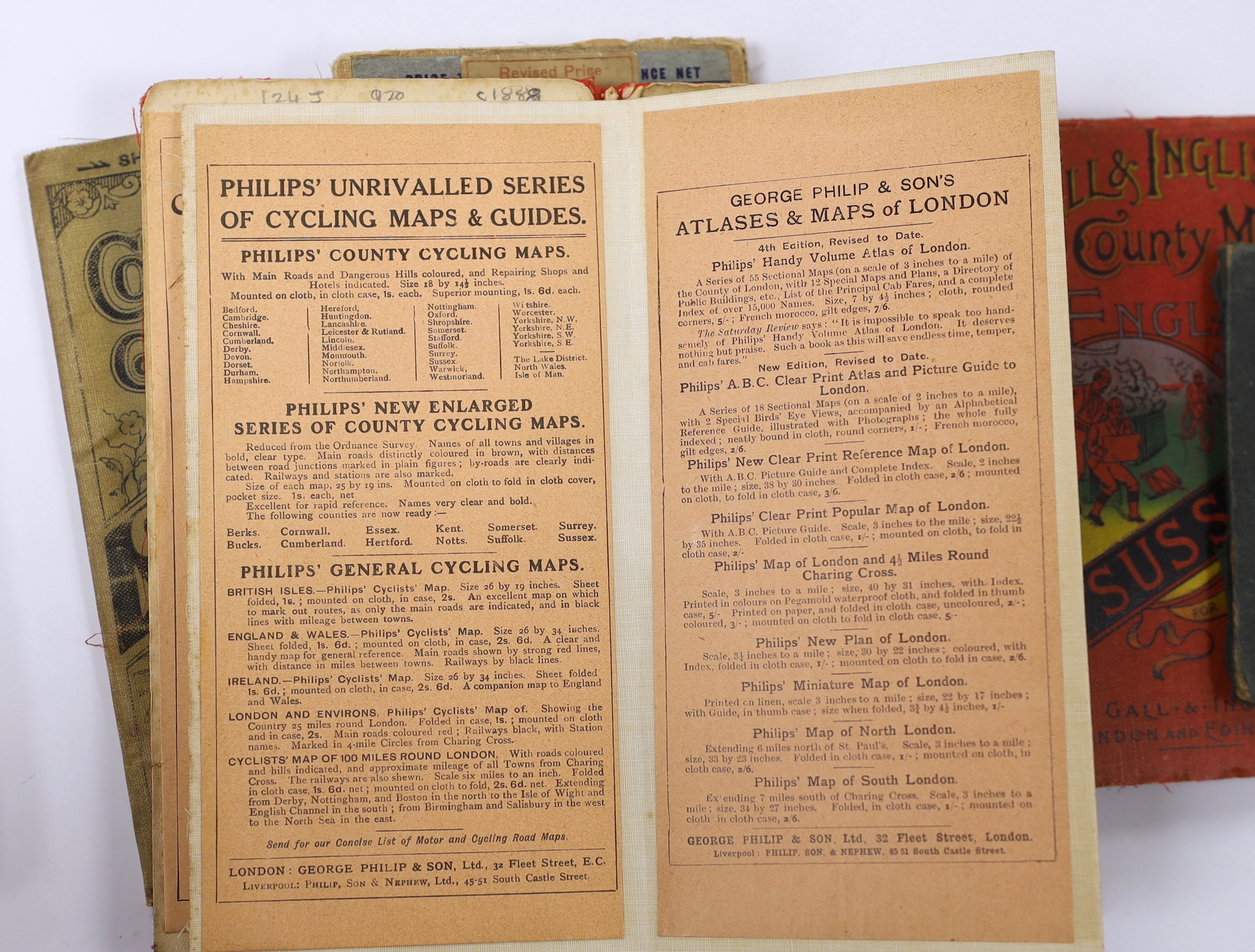 Seven 19th and 20th century folding maps of Sussex; a Pocket County Map series, pub. Chapman and Hall, a Cruchley’s County Map, a Gall & Inglis County Map, a Letts Son & Co. map, a Bacon’s County Map, a Bartholomew’s map